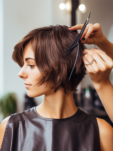 Cliente recebendo um corte de cabelo de um cabeleireiro no Espaço Bela Harmonia