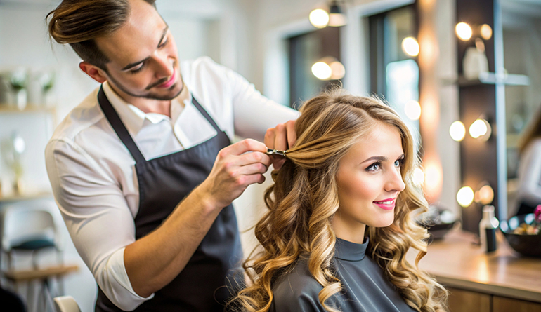 Um cabeleireiro está aarumando o cabelo de uma mulher no Espaço Bela Harmonia, demonstrando uma experiência profissional de cuidados pessoais.